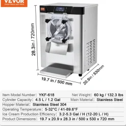 VEVOR Commercial Ice Cream Machine, 12 L/H Yield, 1713W Single Flavor Countertop Hard Serve Ice Cream Maker, 4.5L Stainless Steel Cylinder, LED Panel Auto Clean Pre-cooling, for Restaurant Snack Bars