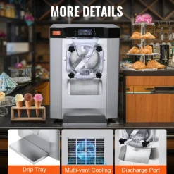 VEVOR Commercial Ice Cream Machine, 12 L/H Yield, 1713W Single Flavor Countertop Hard Serve Ice Cream Maker, 4.5L Stainless Steel Cylinder, LED Panel Auto Clean Pre-cooling, for Restaurant Snack Bars