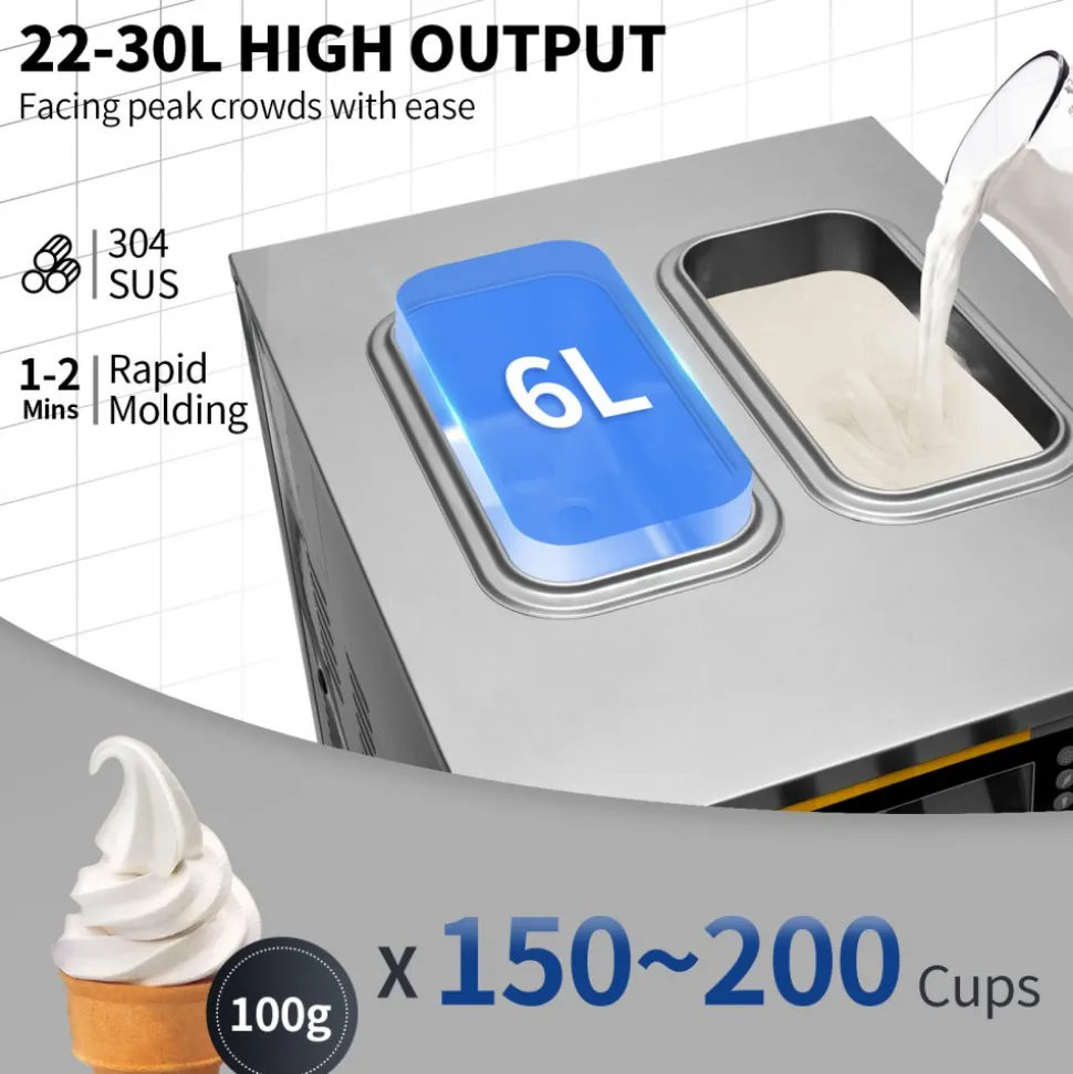 VEVOR Commercial Ice Cream Machine, 20-28L/H Yield, 2200W 3-Flavor Freestanding Soft Serve Ice Cream Maker with 2 x 6L Hoppers & Built-In Puffing Pump, Pre-Cooling Low-Mix Alert for Snack Dessert Shop