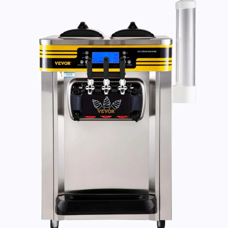 VEVOR Commercial Ice Cream Machine, 20-28L/H Yield, 2200W 3-Flavor Freestanding Soft Serve Ice Cream Maker with 2 x 6L Hoppers & Built-In Puffing Pump, Pre-Cooling Low-Mix Alert for Snack Dessert Shop
