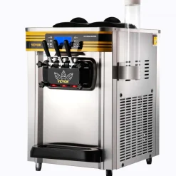 VEVOR Commercial Ice Cream Machine, 20-28L/H Yield, 2200W 3-Flavor Freestanding Soft Serve Ice Cream Maker with 2 x 6L Hoppers & Built-In Puffing Pump, Pre-Cooling Low-Mix Alert for Snack Dessert Shop