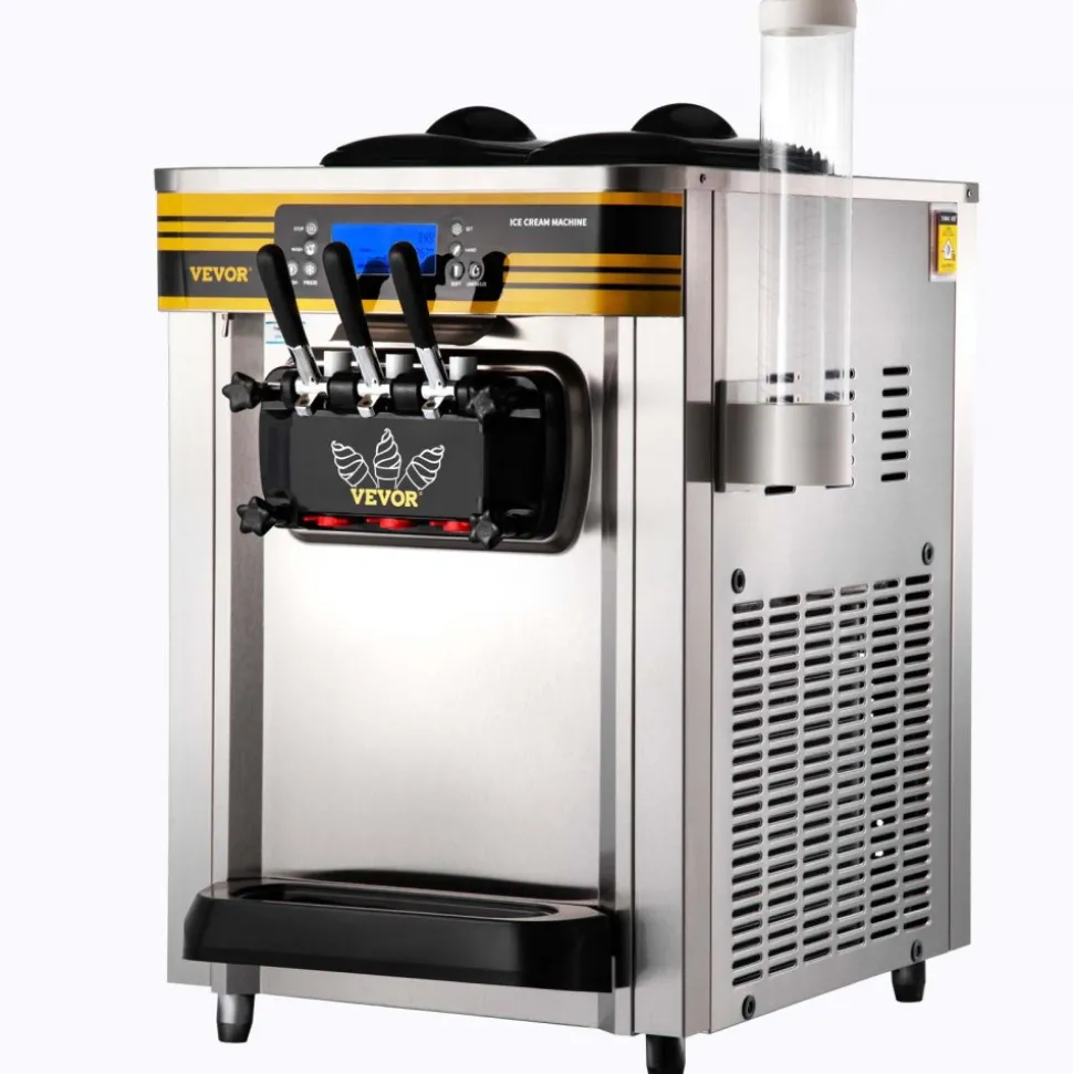 VEVOR Commercial Ice Cream Machine, 20-28L/H Yield, 2200W 3-Flavor Freestanding Soft Serve Ice Cream Maker with 2 x 6L Hoppers & Built-In Puffing Pump, Pre-Cooling Low-Mix Alert for Snack Dessert Shop