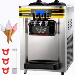 VEVOR Commercial Ice Cream Machine, 20-28L/H Yield, 2200W 3-Flavor Freestanding Soft Serve Ice Cream Maker with 2 x 6L Hoppers & Built-In Puffing Pump, Pre-Cooling Low-Mix Alert for Snack Dessert Shop