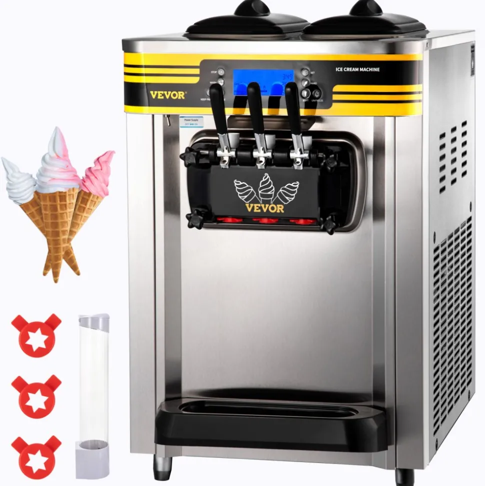VEVOR Commercial Ice Cream Machine, 20-28L/H Yield, 2200W 3-Flavor Freestanding Soft Serve Ice Cream Maker with 2 x 6L Hoppers & Built-In Puffing Pump, Pre-Cooling Low-Mix Alert for Snack Dessert Shop