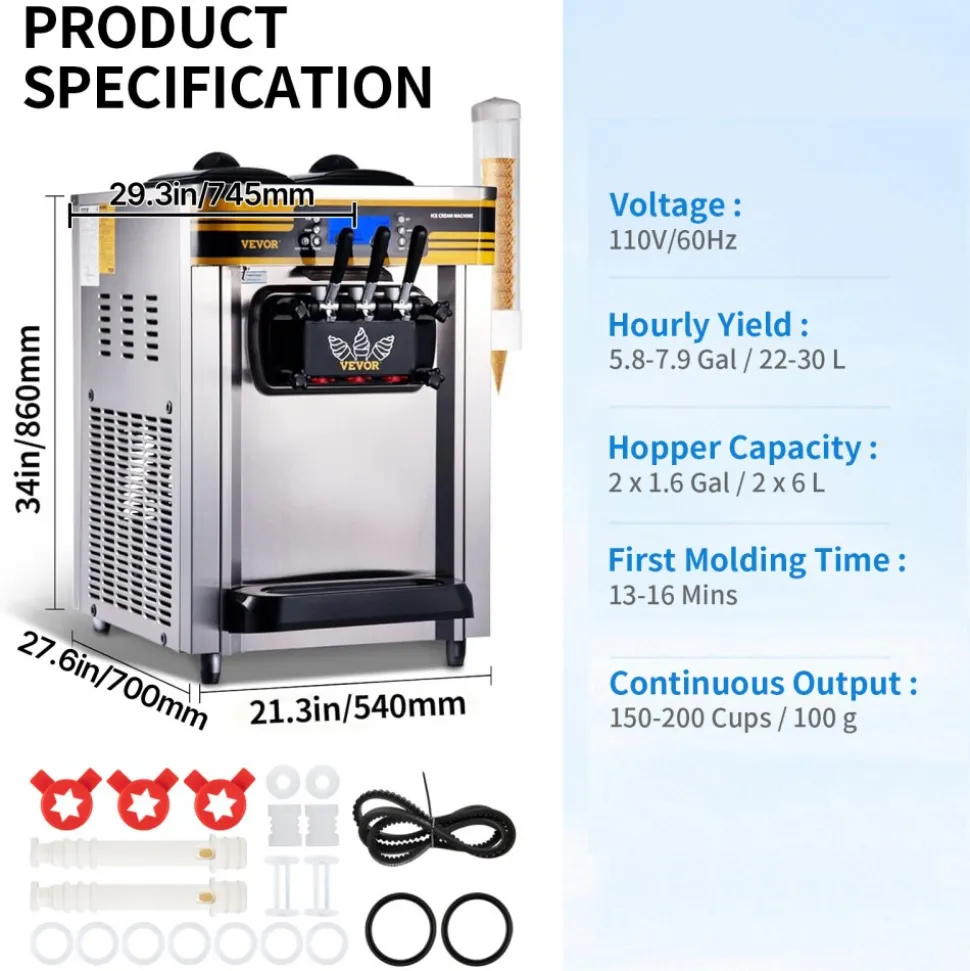 VEVOR Commercial Ice Cream Machine, 20-28L/H Yield, 2200W 3-Flavor Freestanding Soft Serve Ice Cream Maker with 2 x 6L Hoppers & Built-In Puffing Pump, Pre-Cooling Low-Mix Alert for Snack Dessert Shop