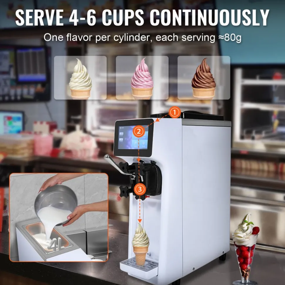 VEVOR Commercial Ice Cream Machine, 10.6 QT/H Yield, 1000W Single Flavor Countertop Soft Serve Ice Cream Maker, 4L Hopper 1.6L Cylinder, Touch Screen Auto Clean Pre-cooling, for Restaurant Snack Bar