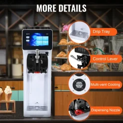 VEVOR Commercial Ice Cream Machine, 10.6 QT/H Yield, 1000W Single Flavor Countertop Soft Serve Ice Cream Maker, 4L Hopper 1.6L Cylinder, Touch Screen Auto Clean Pre-cooling, for Restaurant Snack Bar