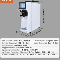 VEVOR Commercial Ice Cream Machine, 10.6 QT/H Yield, 1000W Single Flavor Countertop Soft Serve Ice Cream Maker, 4L Hopper 1.6L Cylinder, Touch Screen Auto Clean Pre-cooling, for Restaurant Snack Bar
