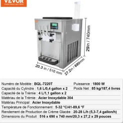 VEVOR Commercial Ice Cream Machine, 21 QT/H Yield, 1800W 3-Flavor Countertop Soft Serve Ice Cream Maker, 2 x 4L Hopper 2 x 1.8L Cylinder, LCD Panel Auto Clean Pre-cooling, for Restaurant Snack Bar