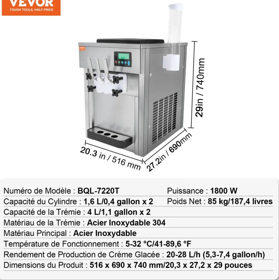 VEVOR Commercial Ice Cream Machine, 10.6 QT/H Yield, 1000W Single Flavor Countertop Soft Serve Ice Cream Maker, with 4L Hopper 1.6L Cylinder, LCD Panel Auto Clean Pre-cooling, for Restaurant Snack Bar