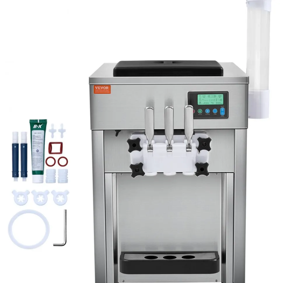 VEVOR Commercial Ice Cream Machine, 10.6 QT/H Yield, 1000W Single Flavor Countertop Soft Serve Ice Cream Maker, with 4L Hopper 1.6L Cylinder, LCD Panel Auto Clean Pre-cooling, for Restaurant Snack Bar
