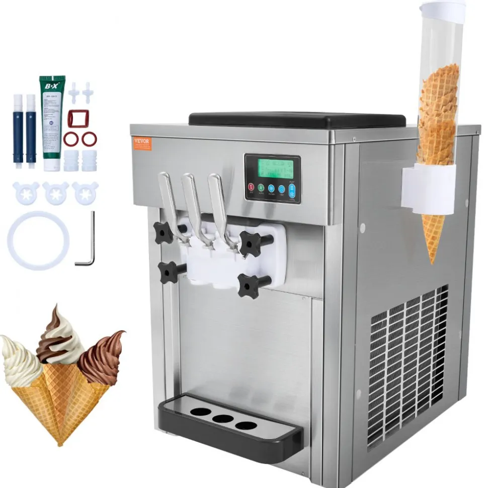 VEVOR Commercial Ice Cream Machine, 10.6 QT/H Yield, 1000W Single Flavor Countertop Soft Serve Ice Cream Maker, with 4L Hopper 1.6L Cylinder, LCD Panel Auto Clean Pre-cooling, for Restaurant Snack Bar
