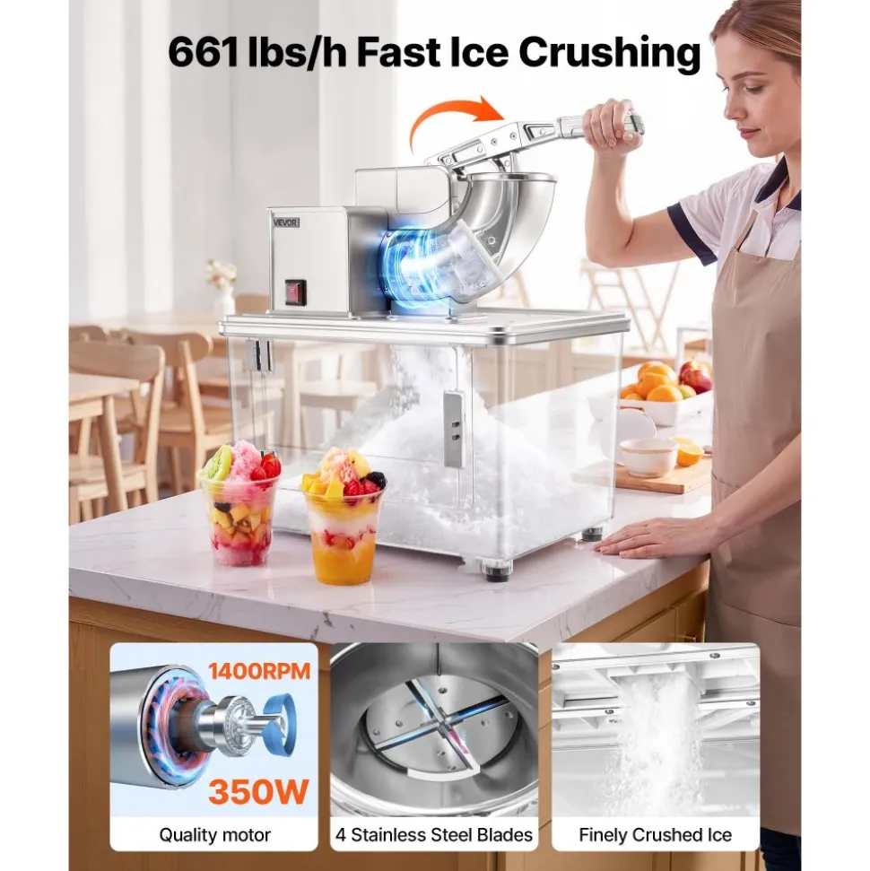 VEVOR Commercial Ice Crusher 661LBS/H, 350W Electric Snow Cone Machine with 4 Blades, 2000RPM Stainless Steel Shaved Ice Machine with 11 Gal Crushed-Ice Box, for Family Restaurants Bars, Silver