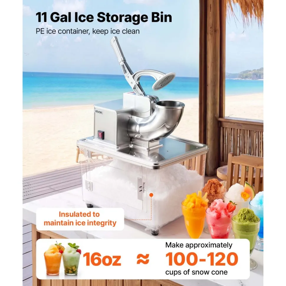 VEVOR Commercial Ice Crusher 661LBS/H, 350W Electric Snow Cone Machine with 4 Blades, 2000RPM Stainless Steel Shaved Ice Machine with 11 Gal Crushed-Ice Box, for Family Restaurants Bars, Silver