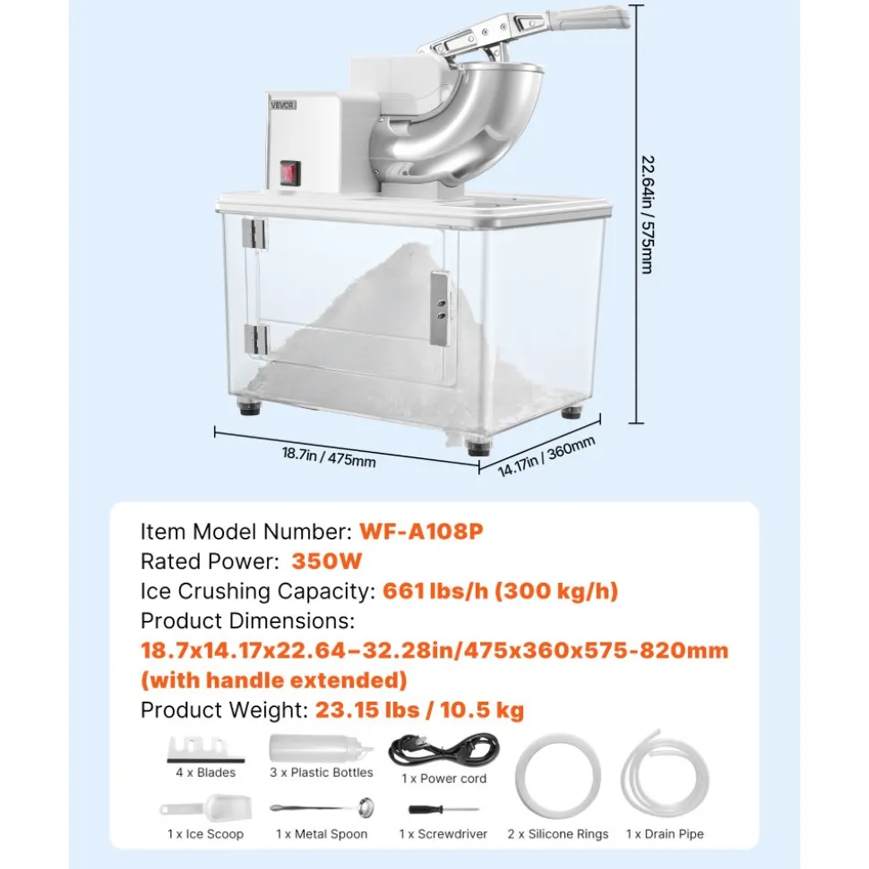VEVOR Commercial Ice Crusher 661LBS/H, 350W Electric Snow Cone Machine with 4 Blades, 1400RPM Stainless Steel Shaved Ice Machine with 11 Gal Crushed-Ice Box, for Family Restaurants Bars, White