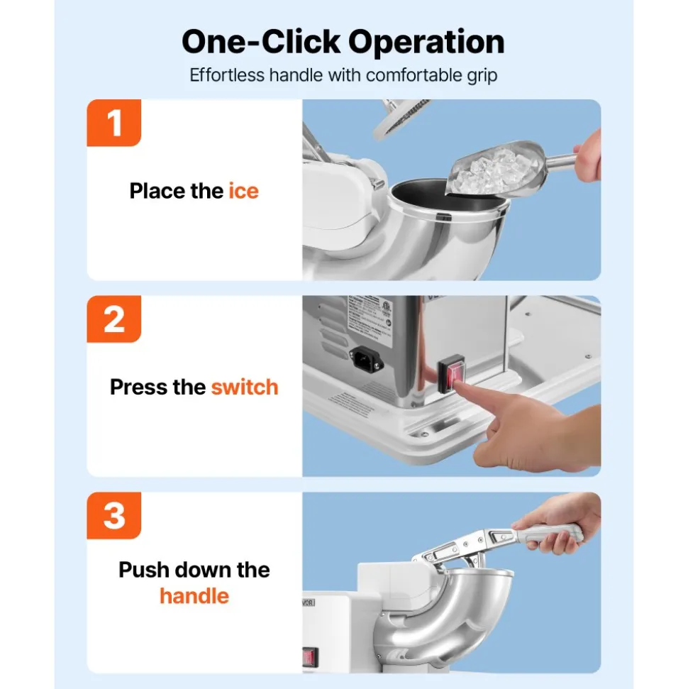 VEVOR Commercial Ice Crusher 661LBS/H, 350W Electric Snow Cone Machine with 4 Blades, 1400RPM Stainless Steel Shaved Ice Machine with 11 Gal Crushed-Ice Box, for Family Restaurants Bars, White