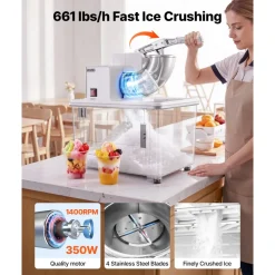 VEVOR Commercial Ice Crusher 661LBS/H, 350W Electric Snow Cone Machine with 4 Blades, 1400RPM Stainless Steel Shaved Ice Machine with 11 Gal Crushed-Ice Box, for Family Restaurants Bars, White