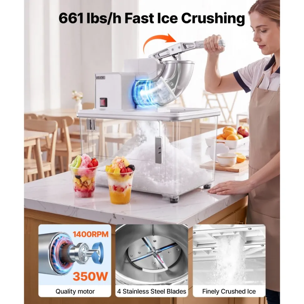 VEVOR Commercial Ice Crusher 661LBS/H, 350W Electric Snow Cone Machine with 4 Blades, 1400RPM Stainless Steel Shaved Ice Machine with 11 Gal Crushed-Ice Box, for Family Restaurants Bars, White