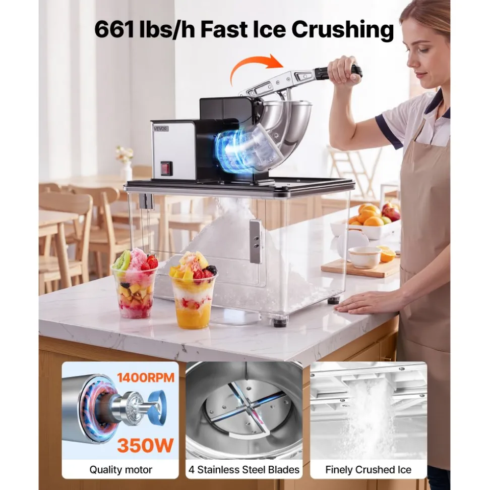 VEVOR Commercial Ice Crusher 661LBS/H, 350W Electric Snow Cone Machine with 4 Blades, 2000RPM Stainless Steel Shaved Ice Machine with 11 Gal Crushed-Ice Box, for Family Restaurants Bars, Black