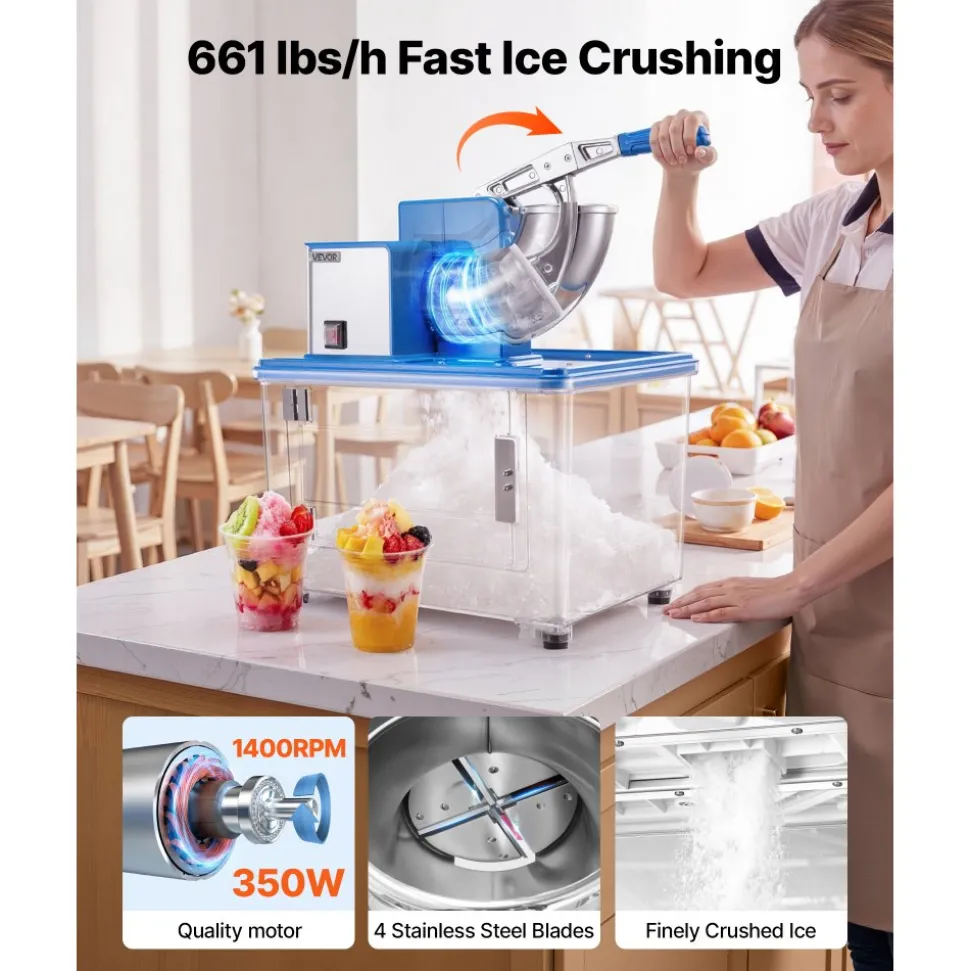 VEVOR Commercial Ice Crusher 661LBS/H, 350W Electric Snow Cone Machine with 4 Blades, 2000RPM Stainless Steel Shaved Ice Machine with 11 Gal Crushed-Ice Box, for Family Restaurants Bars, Blue