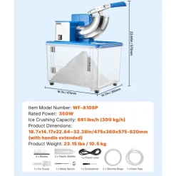 VEVOR Commercial Ice Crusher 661LBS/H, 350W Electric Snow Cone Machine with 4 Blades, 2000RPM Stainless Steel Shaved Ice Machine with 11 Gal Crushed-Ice Box, for Family Restaurants Bars, Blue