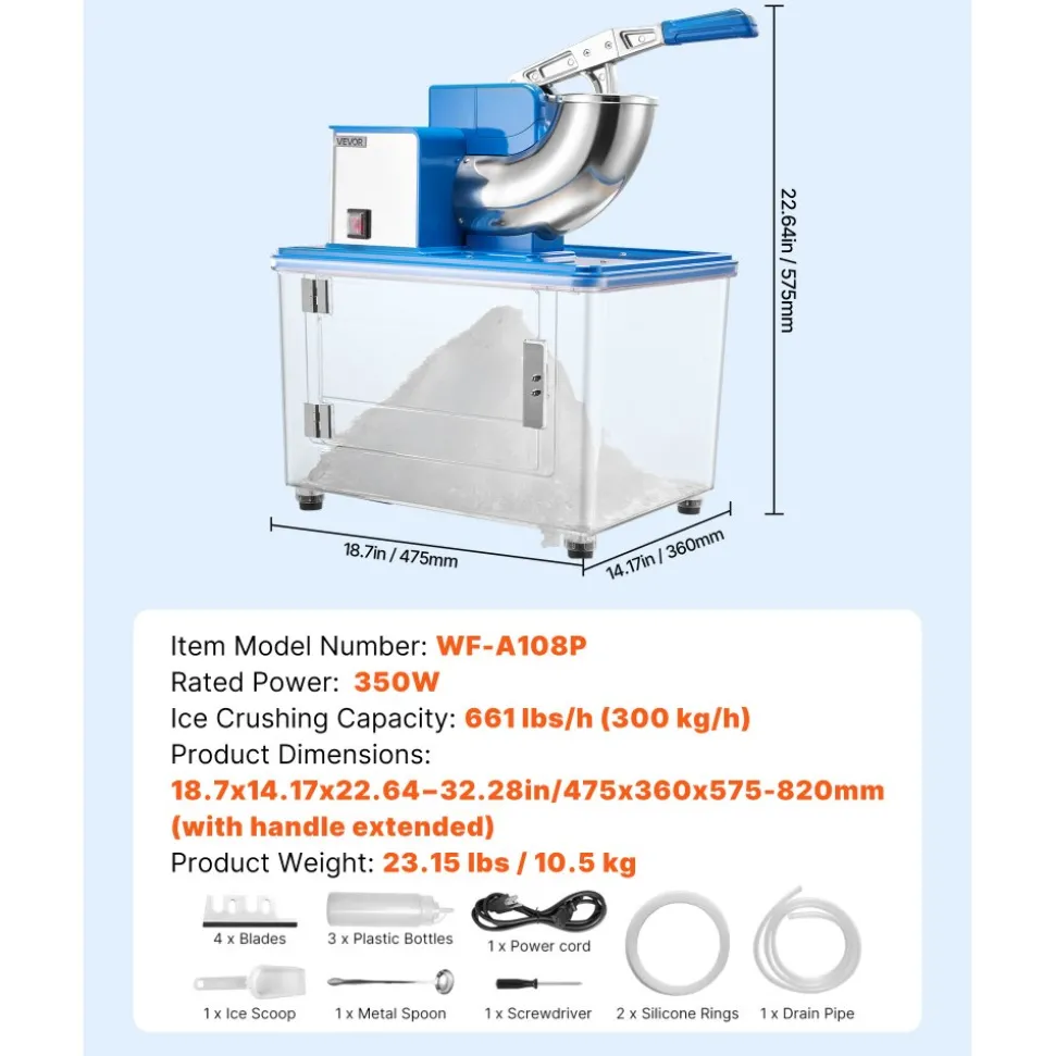 VEVOR Commercial Ice Crusher 661LBS/H, 350W Electric Snow Cone Machine with 4 Blades, 2000RPM Stainless Steel Shaved Ice Machine with 11 Gal Crushed-Ice Box, for Family Restaurants Bars, Blue