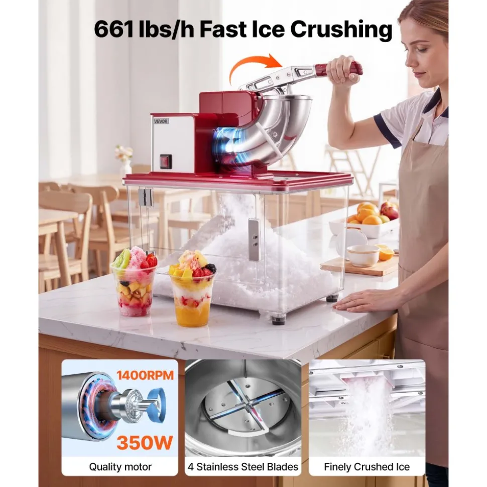 VEVOR Commercial Ice Crusher 661LBS/H, 350W Electric Snow Cone Machine with 4 Blades, 2000RPM Stainless Steel Shaved Ice Machine with 11 Gal Crushed-Ice Box, for Family Restaurants Bars, Red