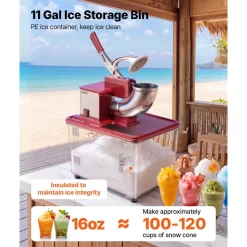 VEVOR Commercial Ice Crusher 661LBS/H, 350W Electric Snow Cone Machine with 4 Blades, 2000RPM Stainless Steel Shaved Ice Machine with 11 Gal Crushed-Ice Box, for Family Restaurants Bars, Red