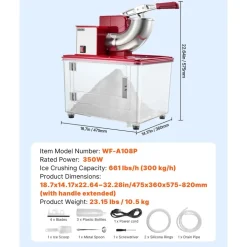 VEVOR Commercial Ice Crusher 661LBS/H, 350W Electric Snow Cone Machine with 4 Blades, 2000RPM Stainless Steel Shaved Ice Machine with 11 Gal Crushed-Ice Box, for Family Restaurants Bars, Red