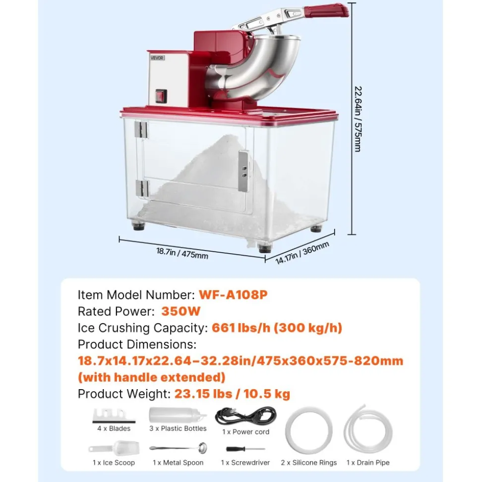 VEVOR Commercial Ice Crusher 661LBS/H, 350W Electric Snow Cone Machine with 4 Blades, 2000RPM Stainless Steel Shaved Ice Machine with 11 Gal Crushed-Ice Box, for Family Restaurants Bars, Red