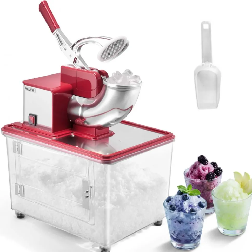 VEVOR Commercial Ice Crusher 661LBS/H, 350W Electric Snow Cone Machine with 4 Blades, 2000RPM Stainless Steel Shaved Ice Machine with 11 Gal Crushed-Ice Box, for Family Restaurants Bars, Red