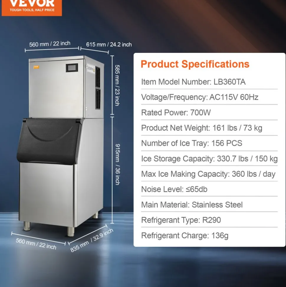 VEVOR Commercial Ice Maker, 360LBS/24H Ice Making Machine with 330.7LBS Large Storage Bin, 700W Auto Self-Cleaning Ice Maker Machine with 3.5-inch LED Panel for Bar Cafe Restaurant Business