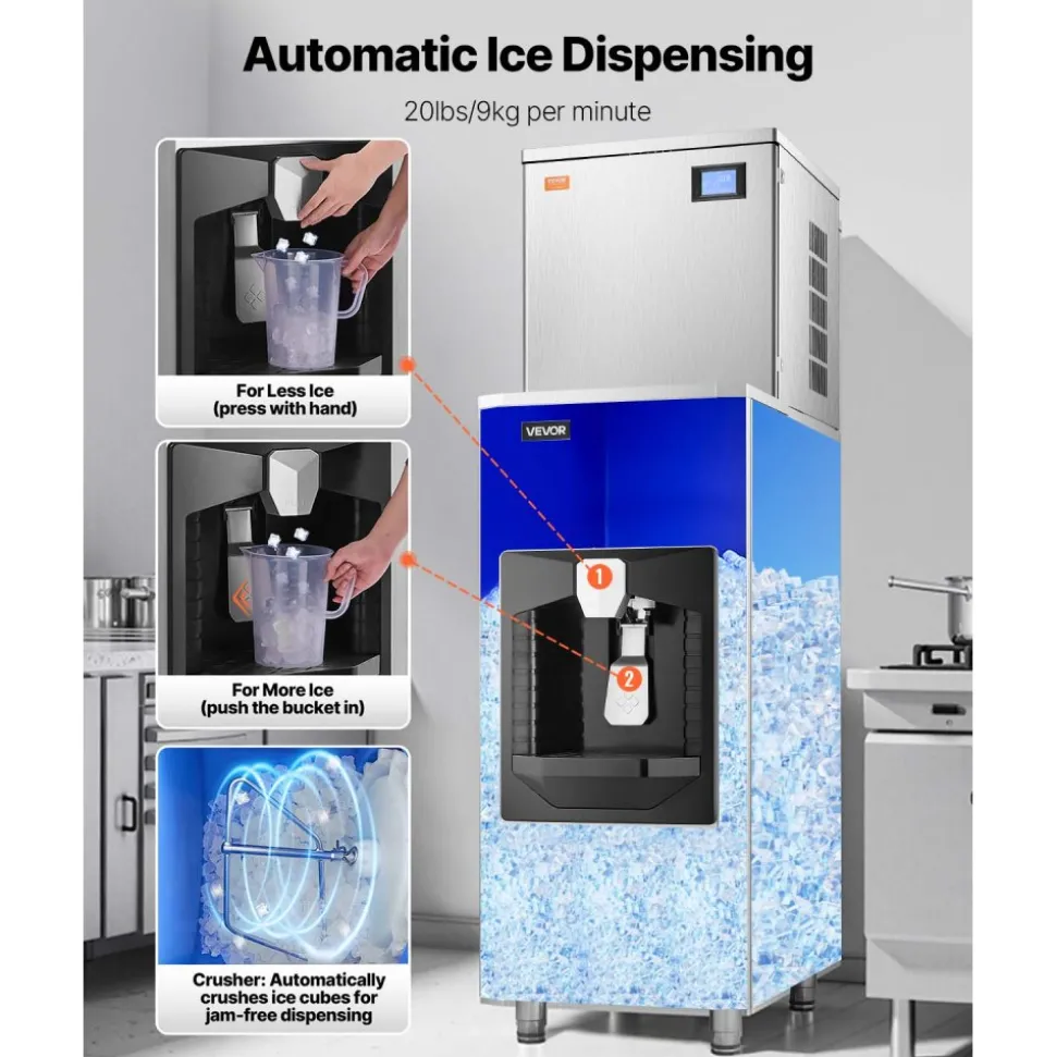 VEVOR Commercial Ice Maker, 550 Lbs/Day Ice Maker Machine, 180 Lbs Large Ice Storage Bin with 20 Lbs/Min Automatic Ice Dispensing, Self-Cleaning Ice Machine with Touchscreen for Bar, Cafe, Restaurant