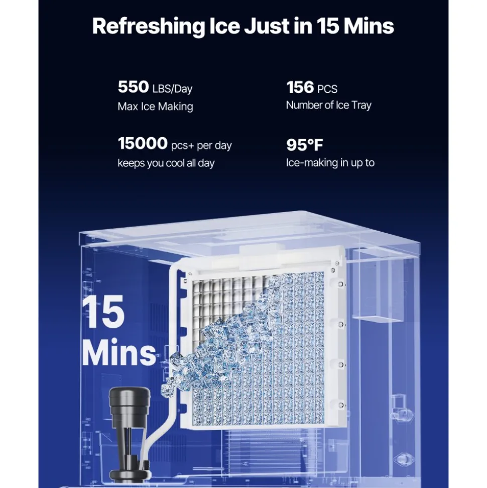 VEVOR Commercial Ice Maker, 550 Lbs/Day Ice Maker Machine, 180 Lbs Large Ice Storage Bin with 20 Lbs/Min Automatic Ice Dispensing, Self-Cleaning Ice Machine with Touchscreen for Bar, Cafe, Restaurant