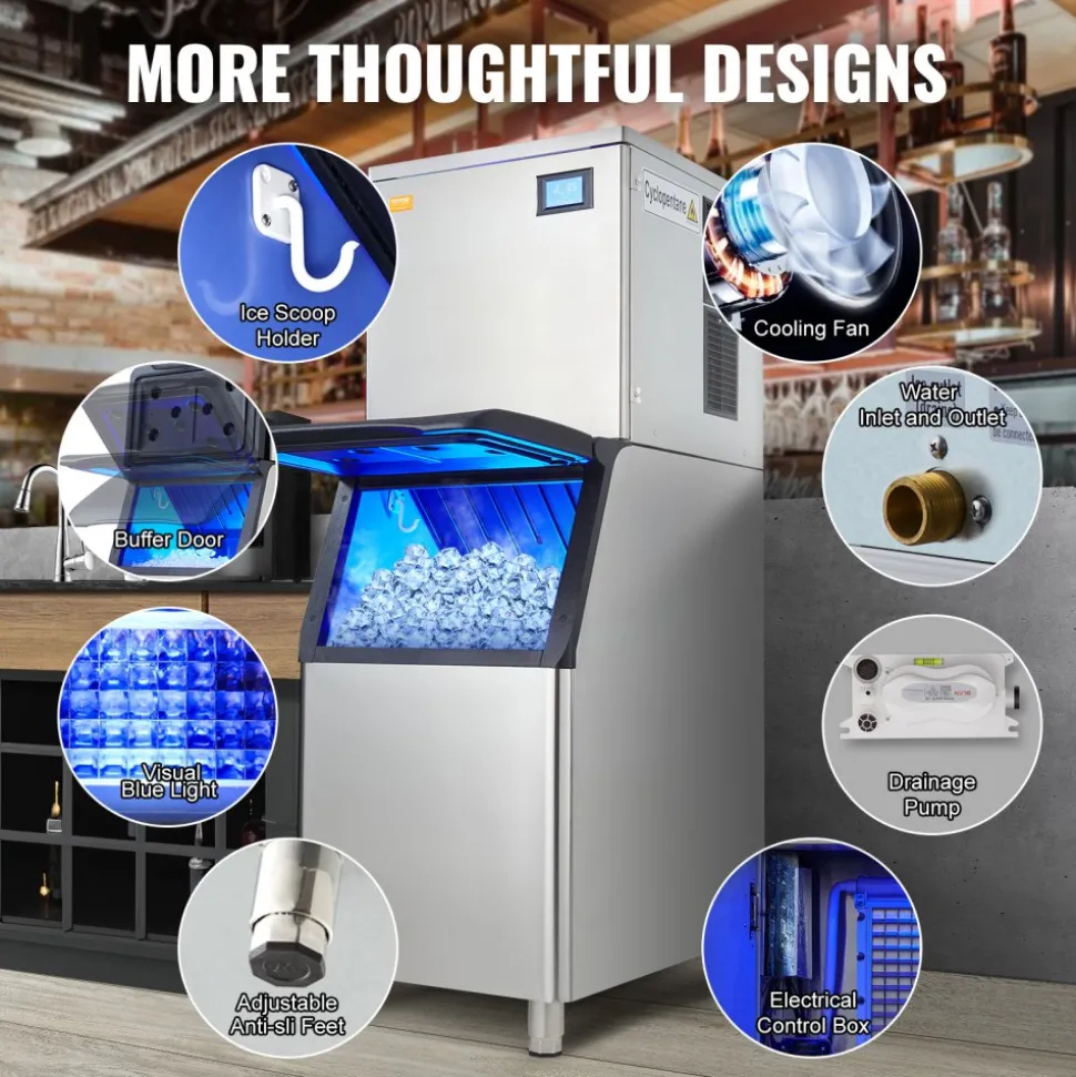 VEVOR Commercial Ice Maker, 550LBS/24H Ice Making Machine with 330.7LBS Large Storage Bin, 1000W Auto Self-Cleaning Ice Maker Machine ith 3.5-inch LED Screen for Business Bar Cafe Restaurant