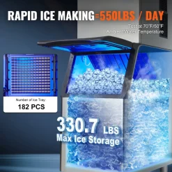 VEVOR Commercial Ice Maker, 550LBS/24H Ice Making Machine with 330.7LBS Large Storage Bin, 1000W Auto Self-Cleaning Ice Maker Machine ith 3.5-inch LED Screen for Business Bar Cafe Restaurant