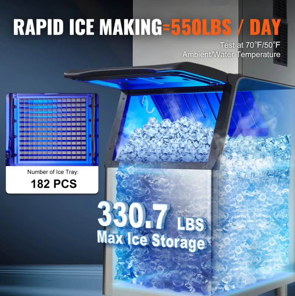 VEVOR Commercial Ice Maker, 550LBS/24H Ice Making Machine with 330.7LBS Large Storage Bin, 1000W Auto Self-Cleaning Ice Maker Machine ith 3.5-inch LED Screen for Business Bar Cafe Restaurant