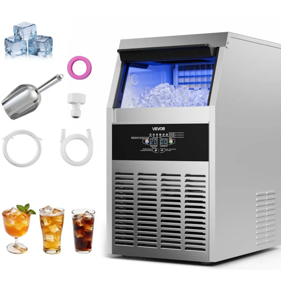 VEVOR Commercial Ice Maker Machine, 130 lbs/24h with 30 lbs Storage Capacity, Built-in/Freestanding/Under Counter, Stainless Steel Ice Maker with LED Display & Self-Cleaning, for Home Bar Restaurant