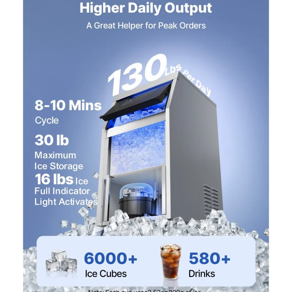 VEVOR Commercial Ice Maker Machine, 130 lbs/24h with 30 lbs Storage Capacity, Built-in/Freestanding/Under Counter, Stainless Steel Ice Maker with LED Display & Self-Cleaning, for Home Bar Restaurant