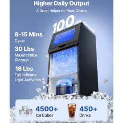 VEVOR Commercial Ice Maker Machine with Pump, 130Lbs/24H with 33Lbs Storage, 45 Cubes per Cycle, Freestanding & Under Counter Ice Maker with LED Display & Self-Cleaning, for Home Bar Restaurant