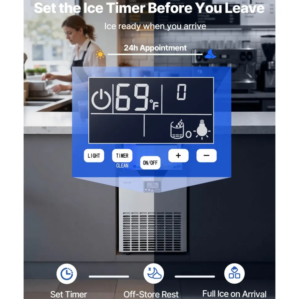 VEVOR Commercial Ice Maker Machine with Pump, 160 lbs/24h with 30 lbs Storage Capacity, Built-in/Freestanding/Under Counter, Stainless Steel Ice Maker with LED Display & Self-Cleaning, for Home Bar