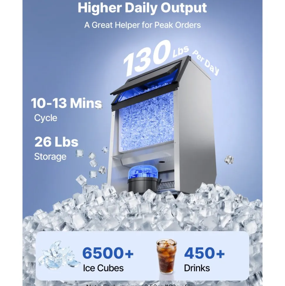 VEVOR Commercial Ice Maker Machine with Pump, 160 lbs/24h with 30 lbs Storage Capacity, Built-in/Freestanding/Under Counter, Stainless Steel Ice Maker with LED Display & Self-Cleaning, for Home Bar