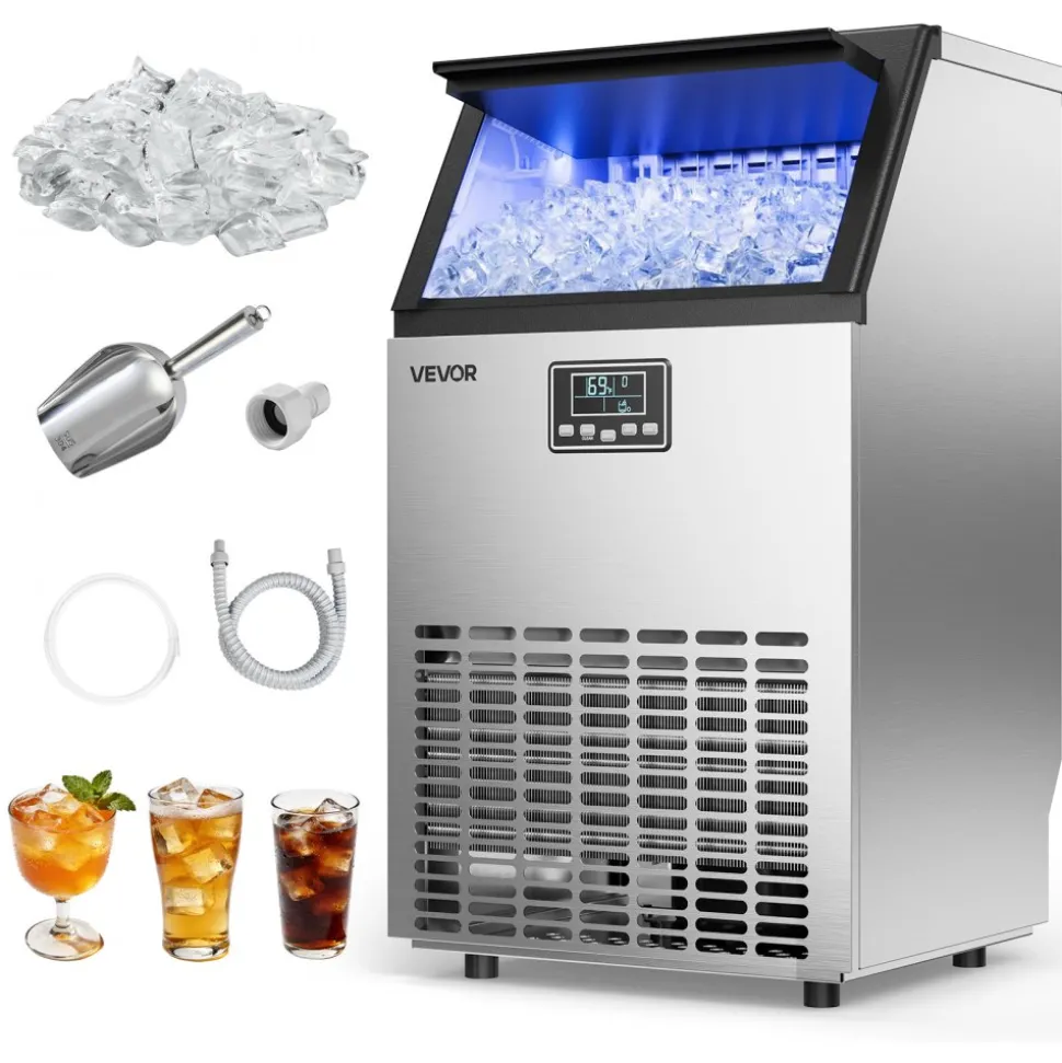 VEVOR Commercial Ice Maker Machine with Pump, 160 lbs/24h with 30 lbs Storage Capacity, Built-in/Freestanding/Under Counter, Stainless Steel Ice Maker with LED Display & Self-Cleaning, for Home Bar
