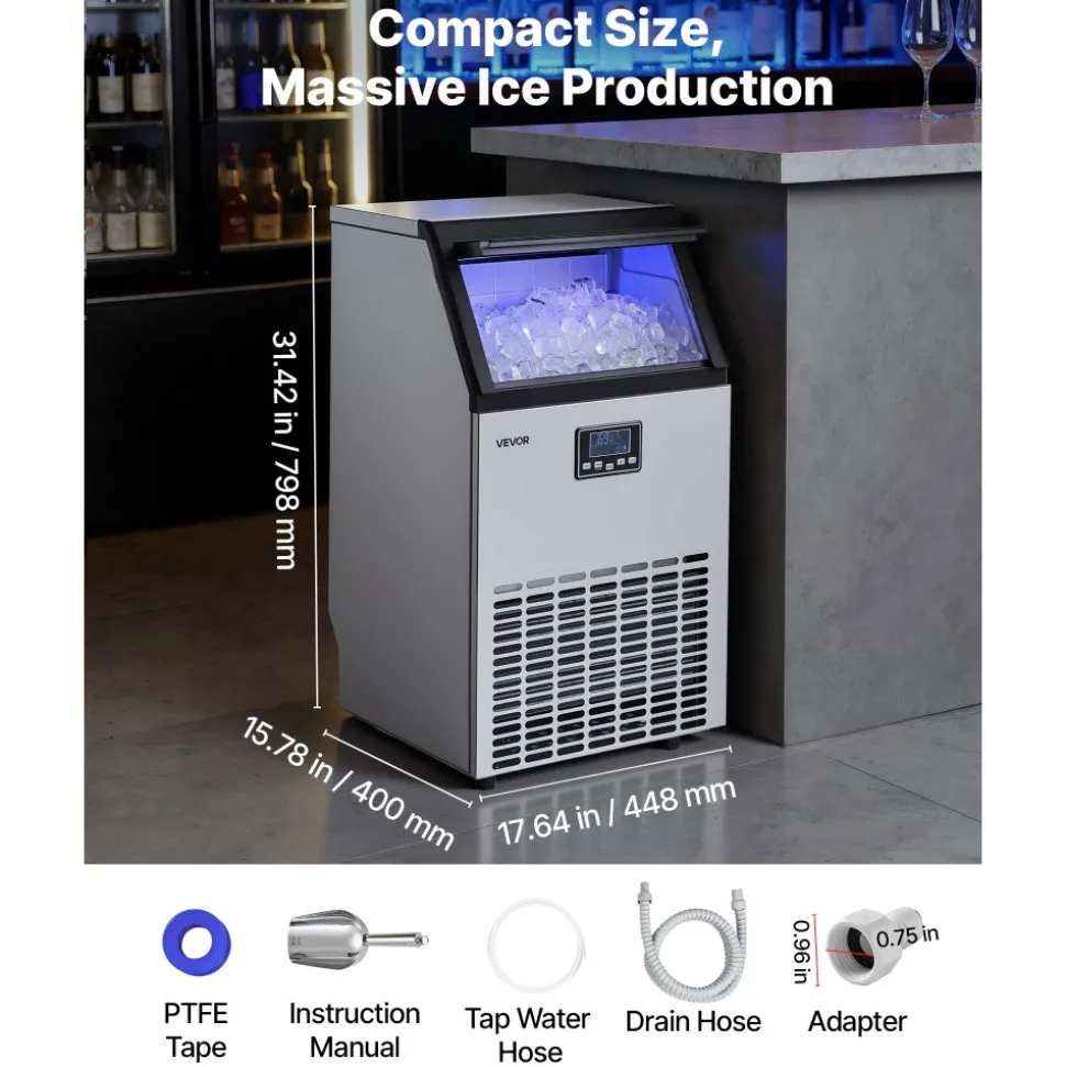 VEVOR Commercial Ice Maker Machine with Pump, 160 lbs/24h with 30 lbs Storage Capacity, Built-in/Freestanding/Under Counter, Stainless Steel Ice Maker with LED Display & Self-Cleaning, for Home Bar
