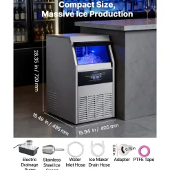 VEVOR Commercial Ice Maker Machine with Pump, 130 lbs/24h with 30 lbs Storage Capacity, Built-in/Freestanding/Under Counter, Stainless Steel Ice Maker with LED Display & Self-Cleaning, for Home Bar