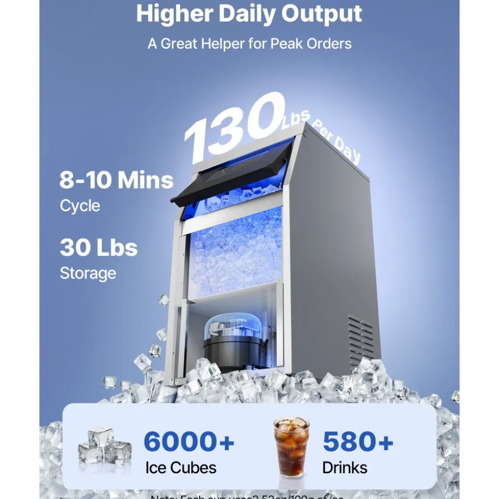 VEVOR Commercial Ice Maker Machine with Pump, 130 lbs/24h with 30 lbs Storage Capacity, Built-in/Freestanding/Under Counter, Stainless Steel Ice Maker with LED Display & Self-Cleaning, for Home Bar