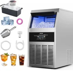 VEVOR Commercial Ice Maker Machine with Pump, 130 lbs/24h with 30 lbs Storage Capacity, Built-in/Freestanding/Under Counter, Stainless Steel Ice Maker with LED Display & Self-Cleaning, for Home Bar