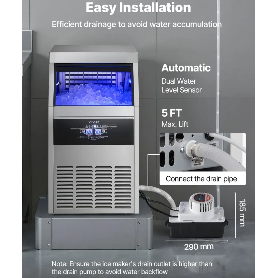 VEVOR Commercial Ice Maker Machine with Pump, 130 lbs/24h with 30 lbs Storage Capacity, Built-in/Freestanding/Under Counter, Stainless Steel Ice Maker with LED Display & Self-Cleaning, for Home Bar