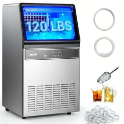 VEVOR Commercial Ice Maker Machine, 120Lbs/24H with 33Lbs Storage, 45 Cubes per Cycle, Stainless Steel Freestanding & Under Counter Ice Maker with LED Display & Self-Cleaning, for Home Bar Restaurant