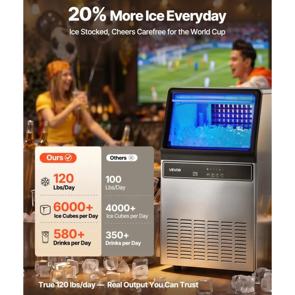 VEVOR Commercial Ice Maker Machine, 120Lbs/24H with 33Lbs Storage, 45 Cubes per Cycle, Stainless Steel Freestanding & Under Counter Ice Maker with LED Display & Self-Cleaning, for Home Bar Restaurant
